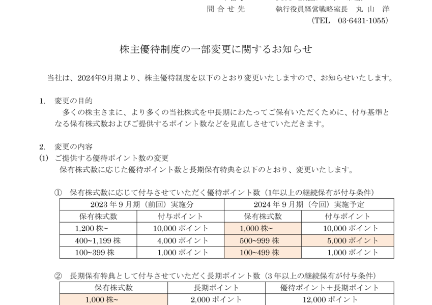 9470 学研 HD | 株主優待制度の一部変更に関するお知らせ（2024/05/10 15:10提出）